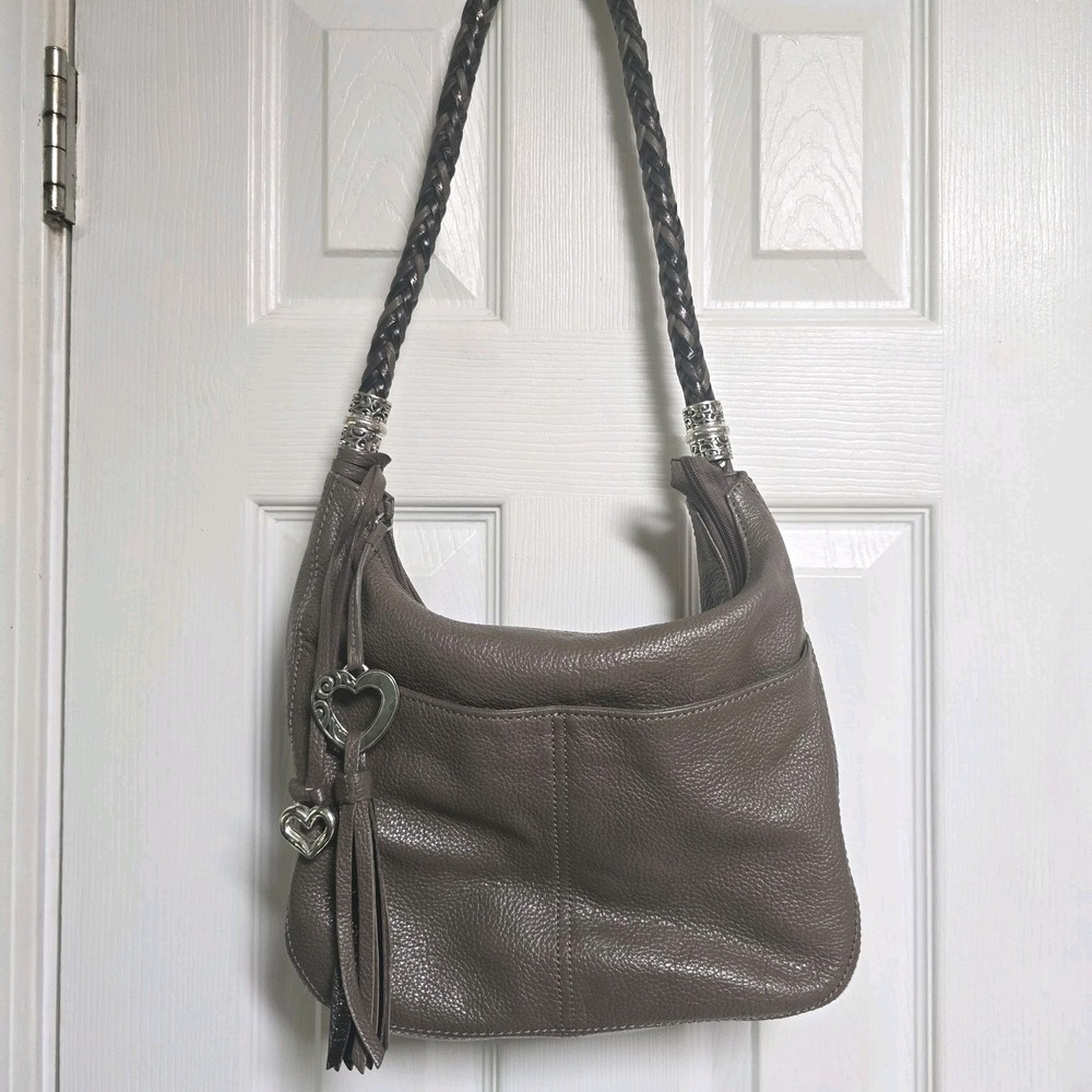 BRIGHTON Pewter Gray Pebbled Leather Hobo Bag Purse Braided Strap